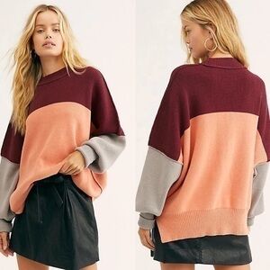 Free People Easy Street Color block Oversized Winter Fall Sweater in Peach Combo